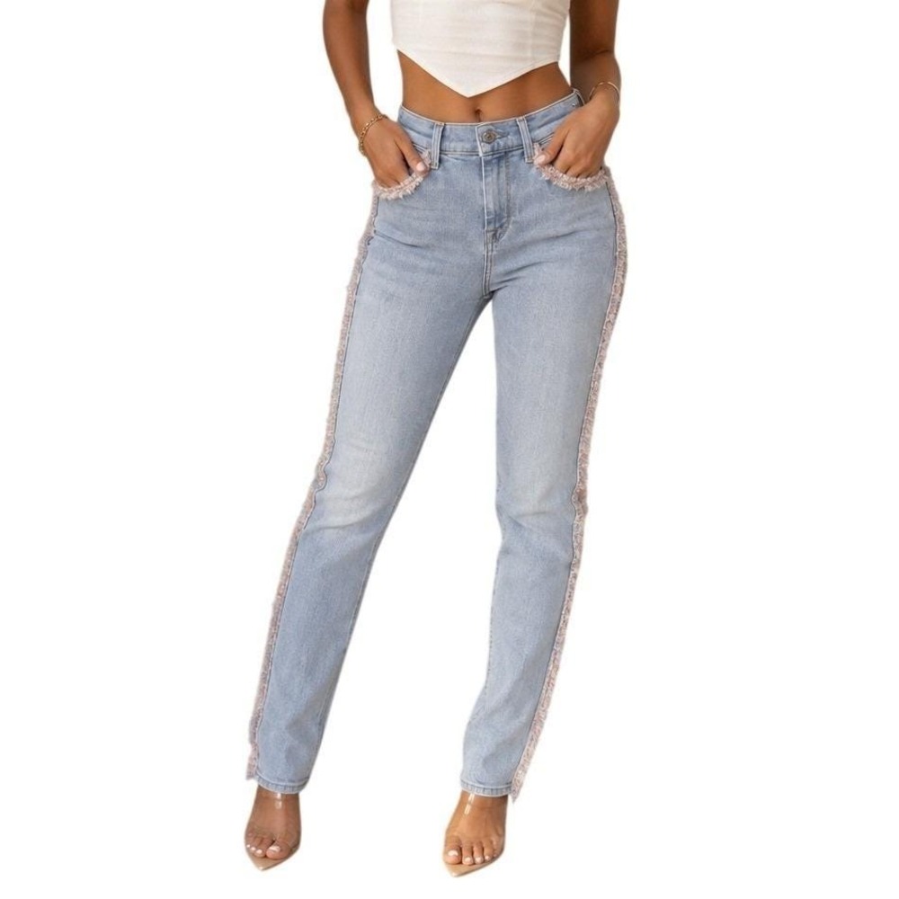 7 For All Mankind Light Wash Fringed Ankle Jeans Womens 2 Pastel Pink High Waist